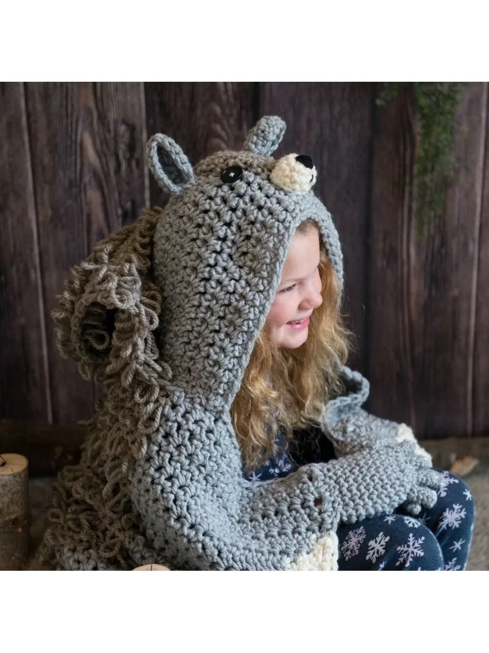 HAND MADE Kids Crochet Animal Squirrel Hooded Blanket Grey Black White Tan